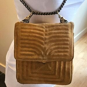 Zara Suede Mustard Color Purse With Lion Heads And Chain Strap Crossbody Handbag
